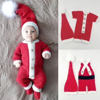 1 комплект Рождественская детская студия фотосъемки костюмы вязаная теплая рождественская шапка + комбинезон костюм для новорожденного праздничная вечеринка наряд Изображение
