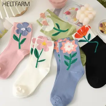 1 пара Женские хлопковые носки Тюльпан Цветы Сладкие носки для девочки Famale Симпатичное платье Носки Весна Лето Harajuku Casual Mid Tube Sock Изображение