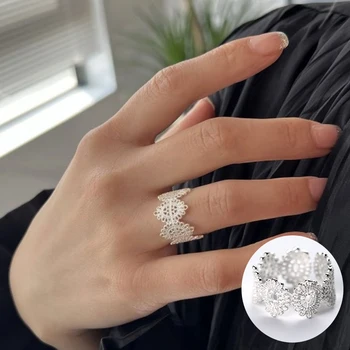 100% стерлинговое серебро 925 пробы геометрическое открытое кольцо для женщин и девочек простая мода с выдолбленным дизайном ювелирных изделий для вечеринки подарок дропшиппинг Изображение