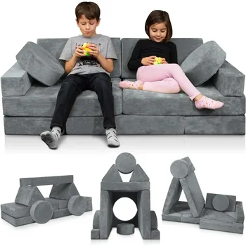 14 шт. Модульный детский игровой диван, детский секционный диван, мебель для спальни и игровой комнаты Fortplay для малышей, серый Изображение