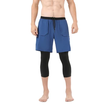 2 в 1 Укороченные брюки Компрессионные брюки для бега Карман на молнии Быстросохнущий тренировочный Поддельный двухкомпонентный плотный Изображение