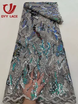 2023 Высокое качество Larest Fashion African Tulle Вышитая кружевная ткань с пайетками для свадебного платья Вечеринка Шитье 5 ярдов Изображение