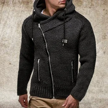2023 Мода Молния Slim Fit Пальто С длинным рукавом Черный сплошной свитер Мужское повседневное пальто с воротником с капюшоном и карманной одеждой для мужчин Изображение