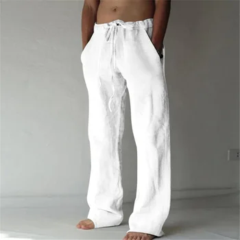 2023 новые мужские хлопковые льняные брюки мужские осень новые дышащие однотонные льняные брюки фитнес уличная одежда S-3XL Изображение