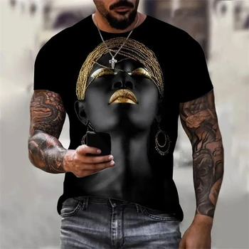 2024 Harajuku Новая мода Мужские футболки Черное золото Африканская леди с принтом Женская футболка в стиле Уличная одежда с короткими рукавами y2k Топы Футболка Изображение