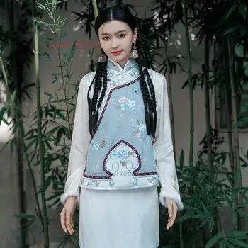 2024 Национальная цветочная вышивка Атласный жаккардовый жилет Китайский традиционный жилет с воротником-стойкой Восточный винтажный этнический жилет Изображение