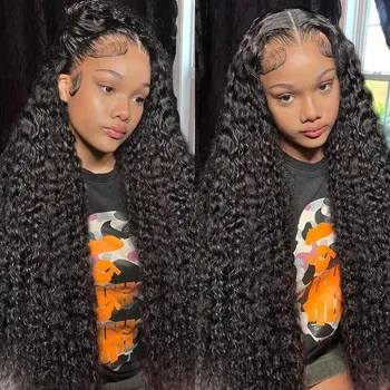 360 Кружевной фронтальный парик 180% плотности 360 Кружевной парик Кудрявый парик из натуральных волос, предварительно выщипанный с детскими волосами для чернокожих женщин Изображение