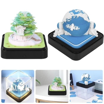 3D настольный календарь Творческий календарь со светодиодной подсветкой Зеленое дерево / Акриловая крышка в форме земли 3D Memo Pad Бумага для украшения рабочего стола Изображение