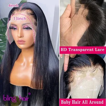 4x4 Прозрачный парик с кружевной застежкой 100% парики из натуральных волос Bling Hair Remy Обесцвеченные узлы Прямые волосы 13x4 Кружевные парики для женщин Изображение
