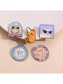 5 штук женской мультяшной милой броши в форме кошки с солнцезащитными очками, ежедневное сочетание с одеждой, сумками, аксессуарами, металлическими значками Изображение