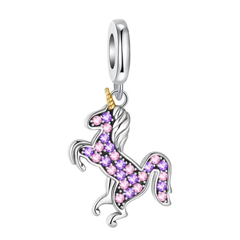 925 серебристый фиолетовый единорог бутик модный кулон fit pandora оригинальный браслет шарм бусины ожерелье diy женские украшения Изображение