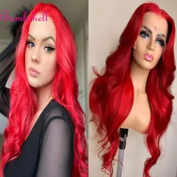 Bombshell Bright Fire Red Natural Wave Synthetic 13X4 Lace Front Wigs Бесклеевые высококачественные термостойкие волосы для женщин Изображение