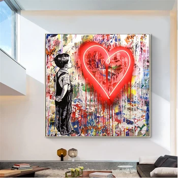 Boy Red Heart Street Граффити Современное настенное искусство Холст Печать Плакат Бэнкси Мистер Brainwash Картина для гостиной Домашний декор Изображение