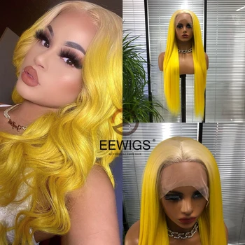 EEwigs Cospaly Желтый Yaki Бесклеевой парик Синтетический 13×4 Кружевные передние парики для женщин Высокое качество Высокая термостойкость Queen Изображение
