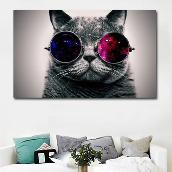 HD отпечатки животных кошка в очках, настенные художественные принты, картины животных для живого дома, декор детской комнаты, печать плаката Изображение