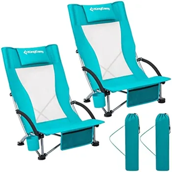 KingCamp Низкие шезлонги для пляжа,складное высокосетчатое кресло с откидной спинкой для взрослых с подголовником,подстаканник Изображение