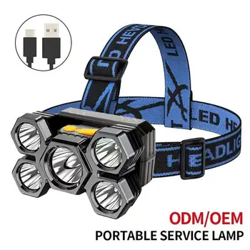 LED Пять головок Фара Сильный свет Супер яркий налобный фонарь USB Перезаряжаемый рыболовный фонарь Дальнобойный фонарик Изображение