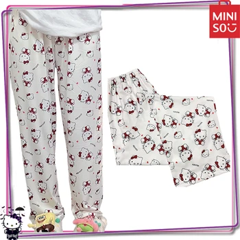 Miniso Sanrio Hello Kitty My Melody Kuromi Женские пижамные брюки Y2K Print Kt Cat Home Pants Kawaii Casual Loose Pants Подарок Изображение