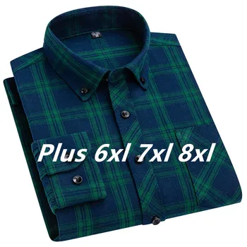 Plus Size 6xl 7xl 8xl Мужские осенние рубашки 100% хлопок с длинным рукавом Свободный зеленый плед Мягкий комфорт Бизнес-офис Рождество 2023 Изображение
