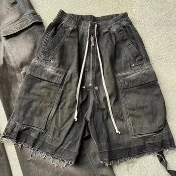 Rick Мужчины Выстиранные серые джинсовые шорты Карманная рабочая одежда Темные шорты Owens Кулиска Раздельные повседневные шорты Изображение