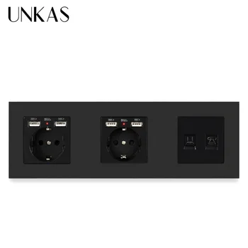 UNKAS Пластиковая панель Двойная стандартная розетка ЕС 4 USB-порта для зарядки + RJ11 Телефонный разъем Женский Интернет Компьютерные данные RJ45 CAT5E Изображение