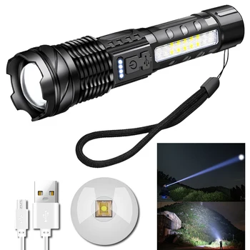 XHP50 и COB Яркий фонарик Портативный USB C Перезаряжаемый яркий бытовой светодиодный фонарь Встроенная батарея с дисплеем питания Изображение