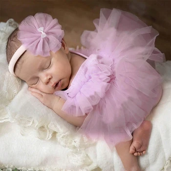 Ylsteed Фиолетовый Наряд для новорожденных для фотографий Вязаный комбинезон для фотографии для младенцев с соответствующими повязками на голову Сетчатое платье Портретный реквизит Изображение