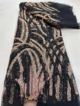 Африканские роскошные пайетки Кружевная ткань Французская ручная работа с вышивкой бисером Тюль Кружевная ткань для свадебных вечерних вечерних платьев Шитье Изображение