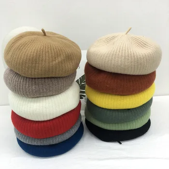 Берет, шапка-бини, новая осенне-зимняя вязаная тыквенная шапка, женская индивидуальность, щебетание, шерсть, теплые шляпы художника моды Изображение