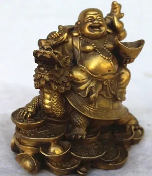 бесплатная доставка Китайская медь Богатство Деньги Счастливый смех Майтрейя Будда на статуе дракона черепахи Изображение