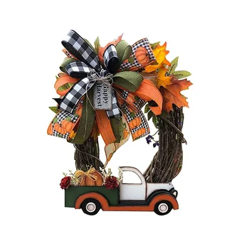 Венок на Хэллоуин Деревянный тыквенный грузовик ручной работы, 30X30X4 см Осенний урожай Винтажные украшения для фермерского дома на День Благодарения Изображение