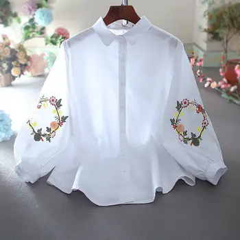  Винтажная рубашка с вышивкой Лето Расслабленный Свежий воротник Вышивка Универсальная рубашка топы традиционная китайская одежда для женщин 2022 Изображение