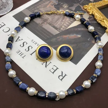 Винтажное позолоченное круглое универсальное ожерелье и серьги из натурального лазурита Изображение