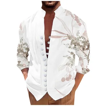 Винтажные рубашки для мужчин Новые ретро повседневные свободные с длинными рукавами рубашка с принтом блузка повседневные красивые мужские рубашки ropa hombre Изображение