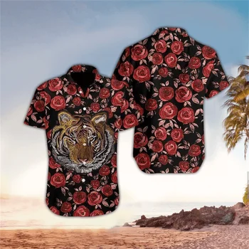 Гавайские рубашки Тигр 3D-печать Лето Песок Повседневная мода Свободные С короткими рукавами Топы Гавайская рубашка для мужчин Костюмы Camisetas Изображение