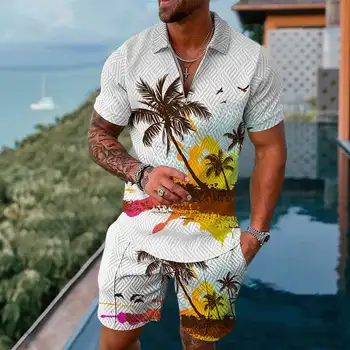 Гавайский мужской комплект Рубашка-поло Комплекты коротких брюк Летние пляжные наряды Кокосовая пальма Принт Оверсайз 2 шт. Повседневный костюм с коротким рукавом Изображение
