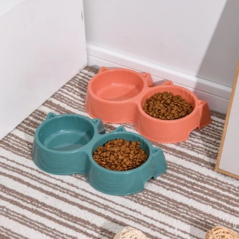 Двойные миски для собак Цельная пластиковая вода и миска для кошек Щенки Изображение