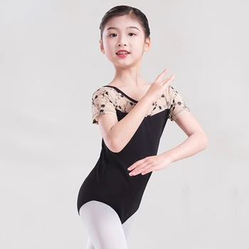Детский гимнастический костюм с коротким рукавом для девочки хлопковая вышивка пэчворк сетка с открытой спиной купальник балет тренировочная одежда танцевальная одежда Изображение