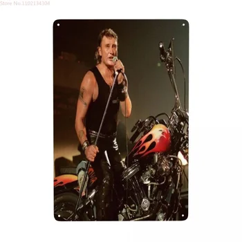 Джонни Холлидей Мотоцикл Металлический жестяной знак Прямоугольник Пользовательский французский рок-певец Знаки Табличка Бар Кафе Ресторан Стена Арт Декор Изображение