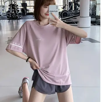 Женская спортивная футболка Свободная блузка для бега Лето Тонкое сечение Йога С короткими рукавами Большой размер Быстросохнущая одежда для фитнеса Топ Изображение