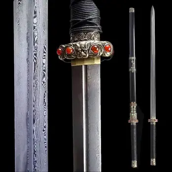 Китайский меч ушу ручной работы Сложенный дамасский стальной клинок Острый Кунг-фу Цзянь Готов к бою Полный Тан Изображение