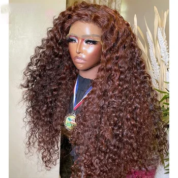 Красновато-коричневый кудрявый парик Синтетические кружевные передние парики для женщин Медно-красный предварительно выщипанный с детскими волосами Кружевной парик Кружевной парик с застежкой Изображение