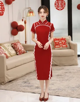 Лето С коротким рукавом Красный Атлас Qipao Модное китайское платье Wdding Элегантная юбка леди Чонсам для женщин Vestidos Изображение
