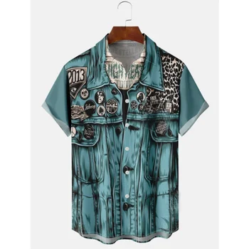 Мода Мужская рубашка и блузки 3d джинсовый принт Винтаж Рубашка с коротким рукавом Мужская летняя уличная футболка на пуговицах Мужская одежда оверсайз Изображение