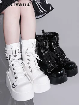 Модные однотонные женские сапоги на высоком каблуке 2023 весна и осень High-End Punk Hot Girl Металлическое украшение Короткие ботинки на шнуровке Изображение
