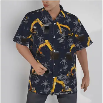 Мужская гавайская рубашка Excavators Print Пляж с коротким рукавом Лето Повседневные Пуговицы Пэчворк Топы 3D Рубашки Изображение