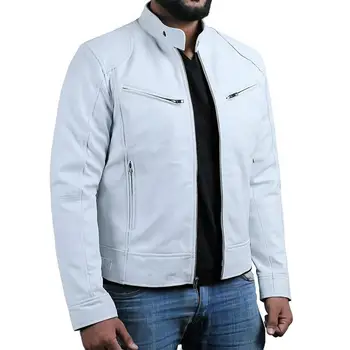 Мужская куртка из искусственной кожи Карман на молнии Куртка из искусственной кожи Стильное мужское ветрозащитное мотоциклетное пальто с воротником-стойкой на осень Изображение