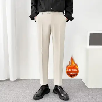 Мужские брюки Толстые плюшевые мужские костюмные брюки с мягкими карманами Застежка-молния до середины талии Формальные брюки делового стиля для офисной одежды Изображение