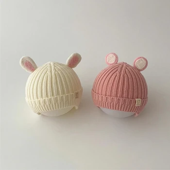 Мультяшная вязаная шапка с ушками животных для малышей Теплая и стильная шапка-бини Soft X90C Изображение