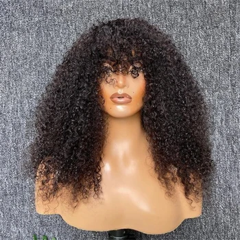 Мягкий натуральный черный 26-дюймовый длинный извращенный кудрявый машинный парик с челкой для чернокожих женщин Высокотемпературный волоконный косплей без клея ежедневно Изображение